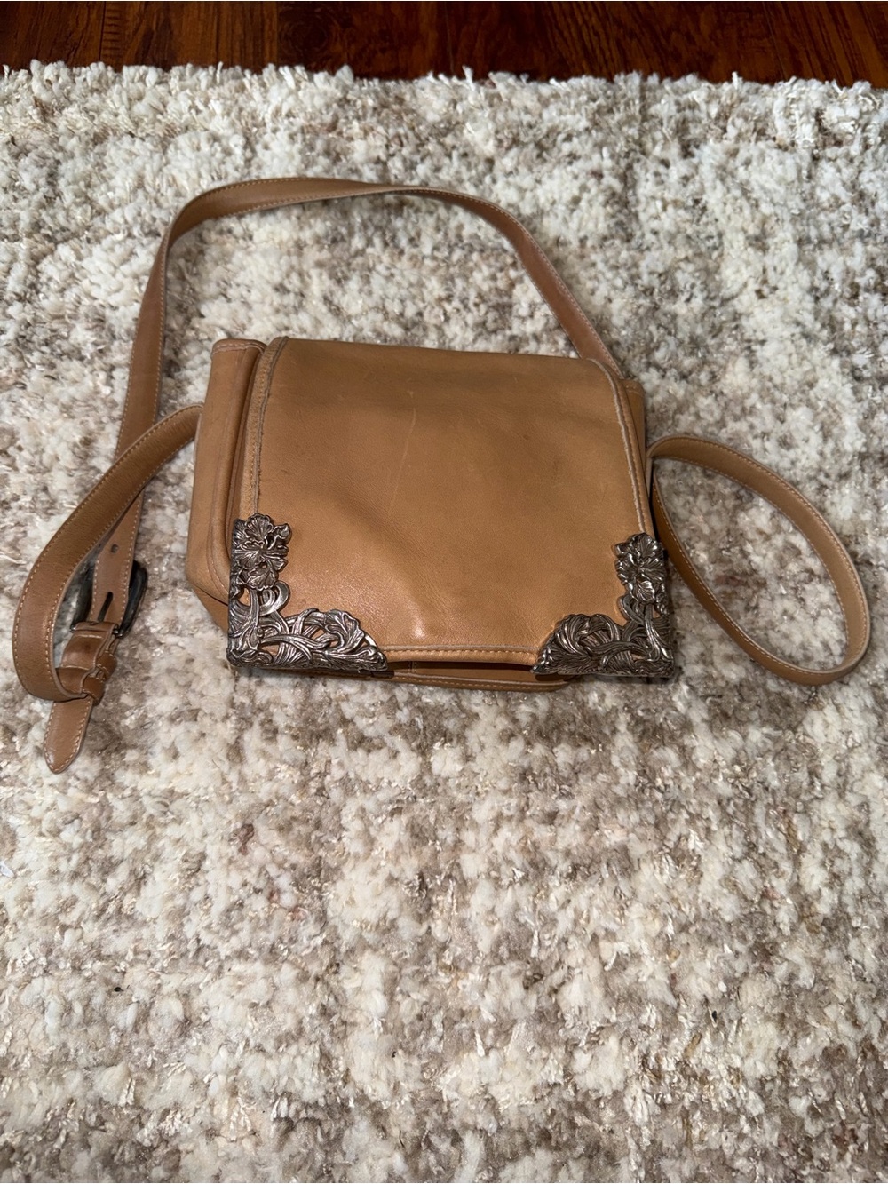 Brighton Tan Leather Crossbody with Ornate Silver Corner Accents